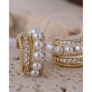 Anthropologie Avery Classy Pearl Cluster  Cubic Zirconia Cuff Earrings